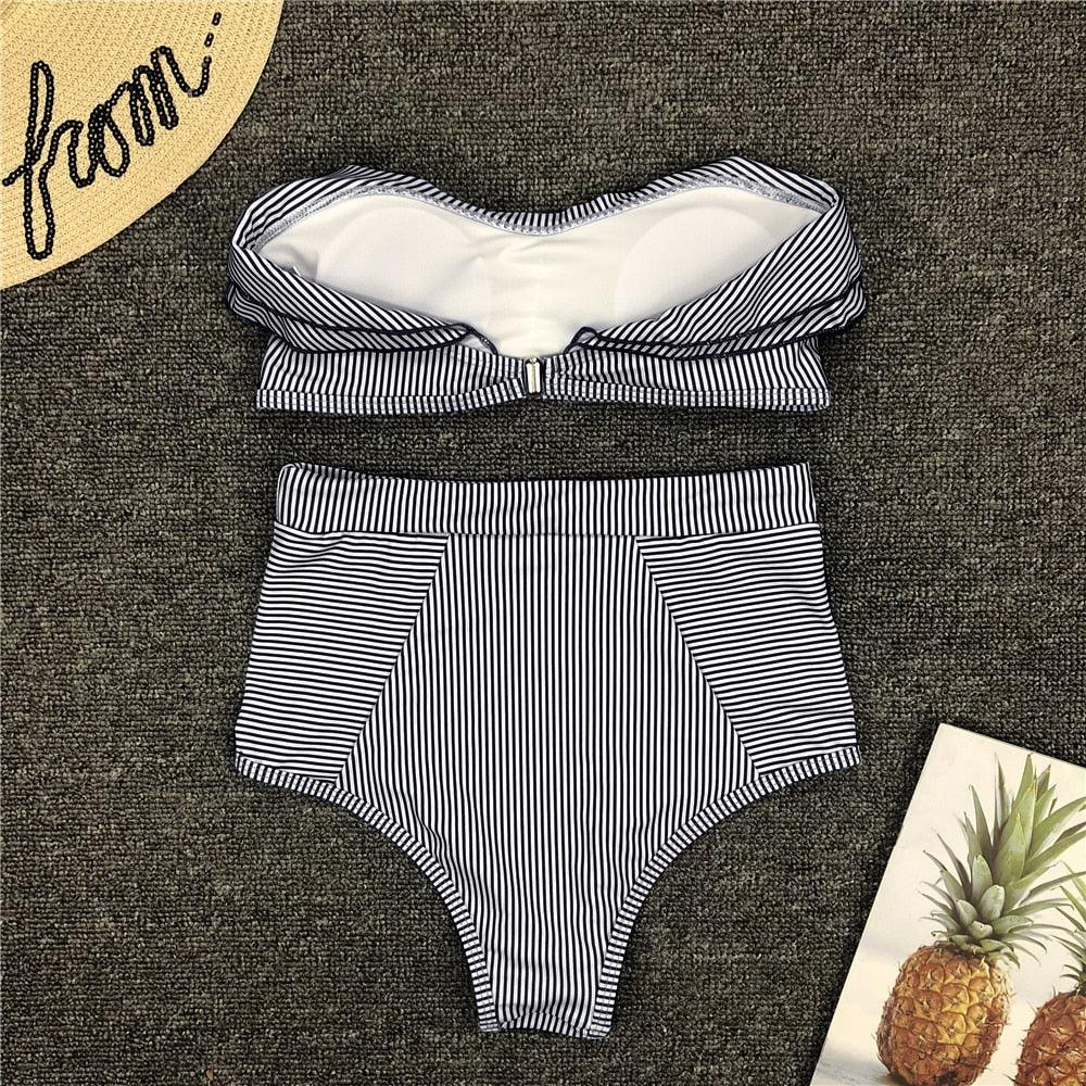 Retro Blue White Striped High Waist Bikini Lady Swimwear Women Swimsuit Female Ruffle Swim Bathing Suit  Piece Vintage High Waist Bikini Set Ruffled Swimsuits For Women Bathing Suits
