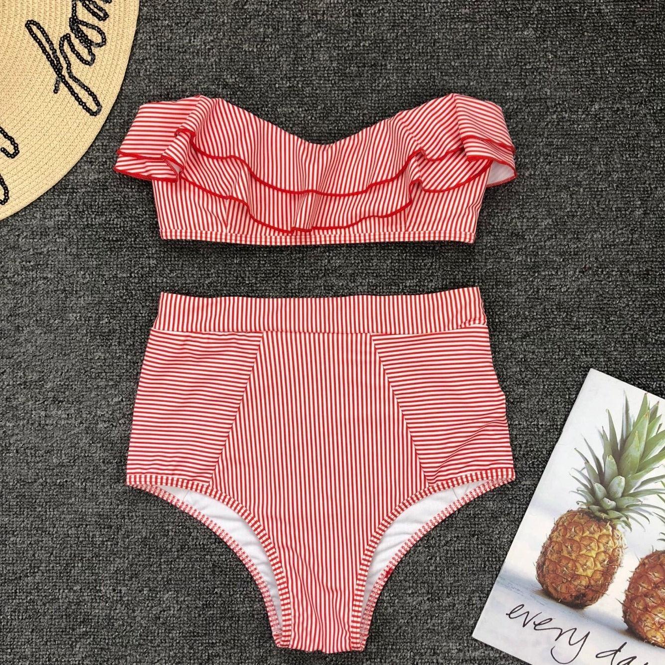 Retro Blue White Striped High Waist Bikini Lady Swimwear Women Swimsuit Female Ruffle Swim Bathing Suit  Piece Vintage High Waist Bikini Set Ruffled Swimsuits For Women Bathing Suits