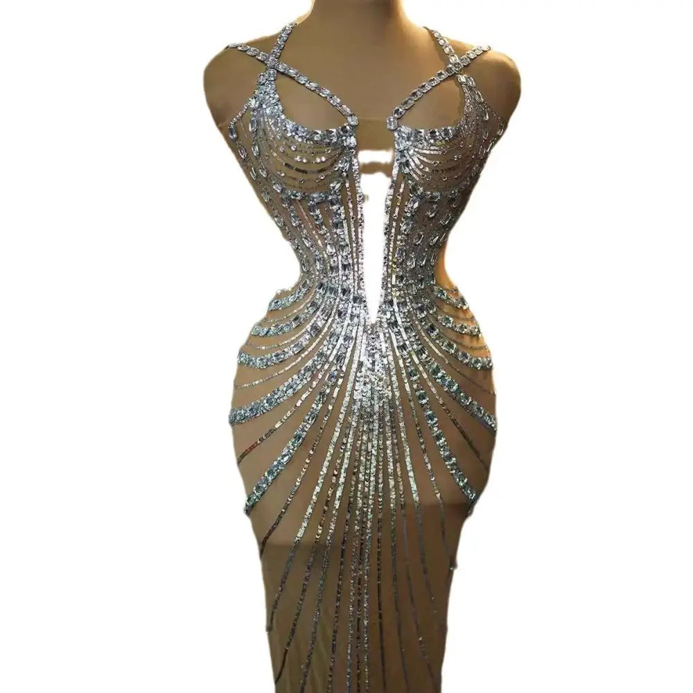 Rhinestone Feather Dress Banquet Gown