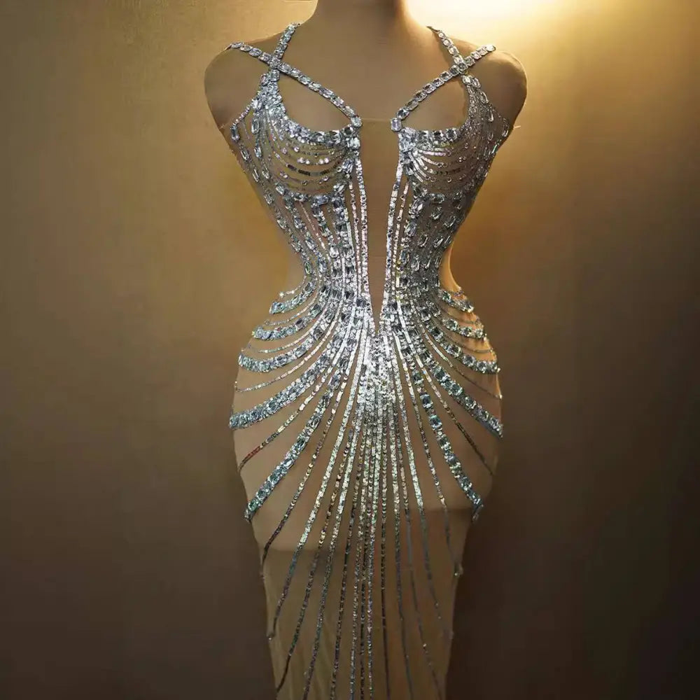 Rhinestone Feather Dress Banquet Gown