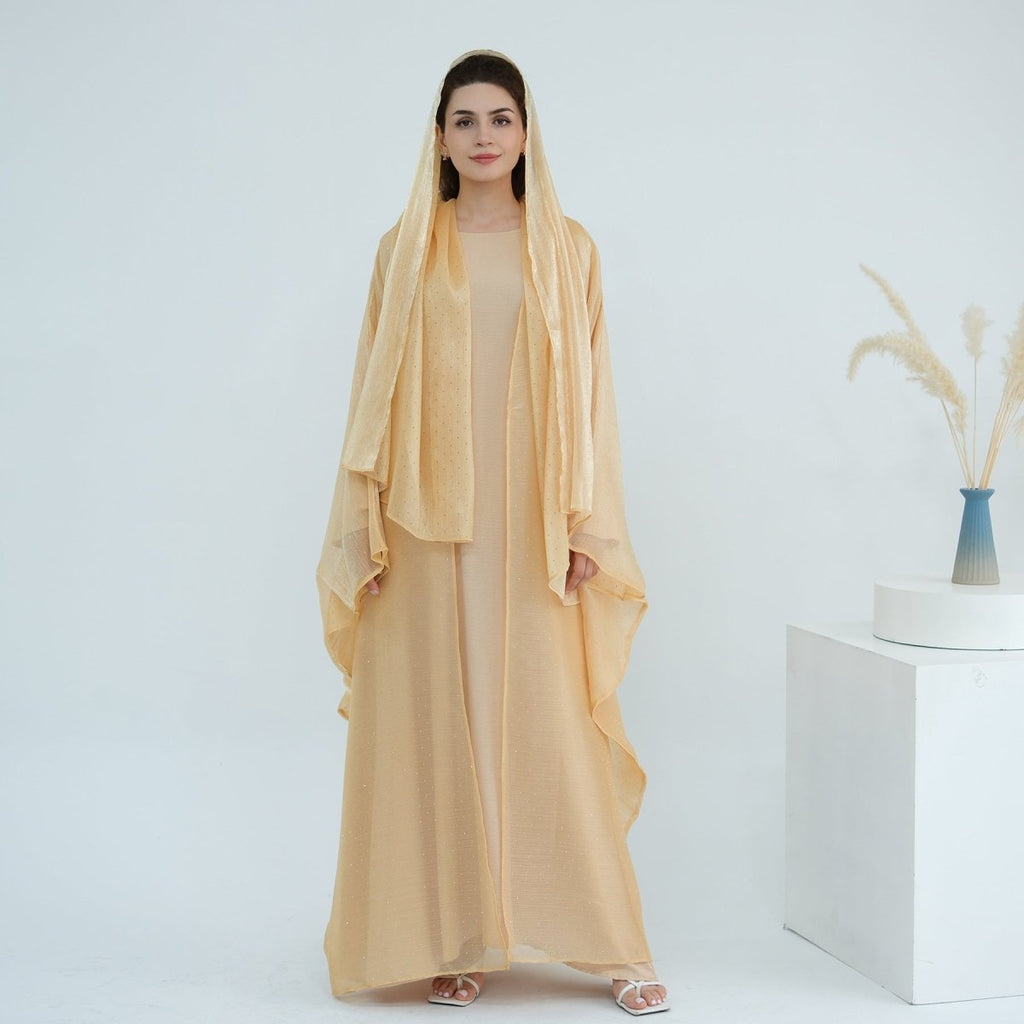 Rhinestone Ice Crinkle Batwing Sleeve Abaya Set(MOA237)