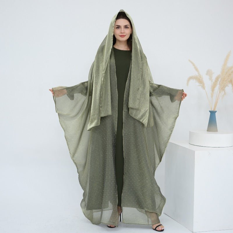 Rhinestone Ice Crinkle Batwing Sleeve Abaya Set(MOA237)