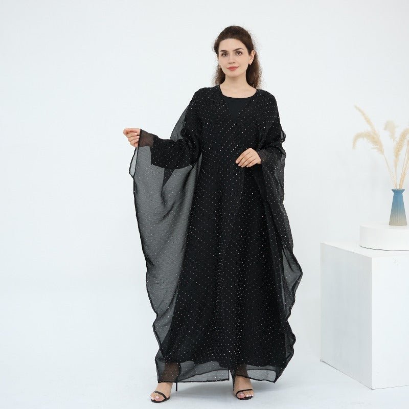 Rhinestone Ice Crinkle Batwing Sleeve Abaya Set(MOA237)