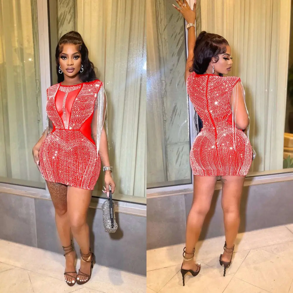 Rhinestone Mesh Hot Drilling Mini Dress
