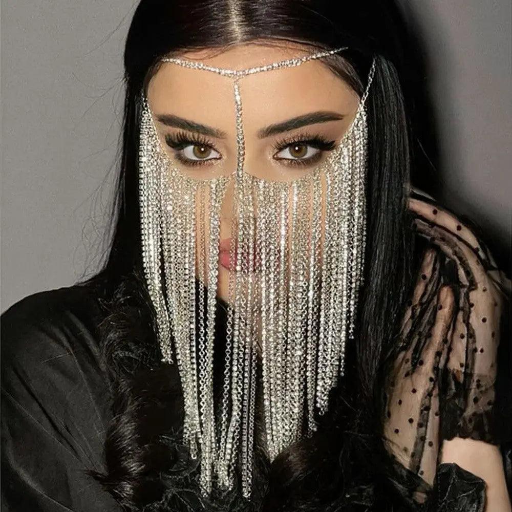 MAC054 Rhinestone Tassel Face Chain Mask - Bling Cover for Parties & Events