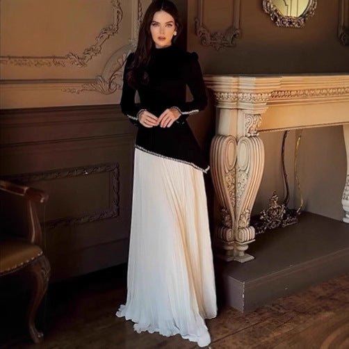 Rhinestone-Trimmed Top & Pleated Skirt Set(MS317)