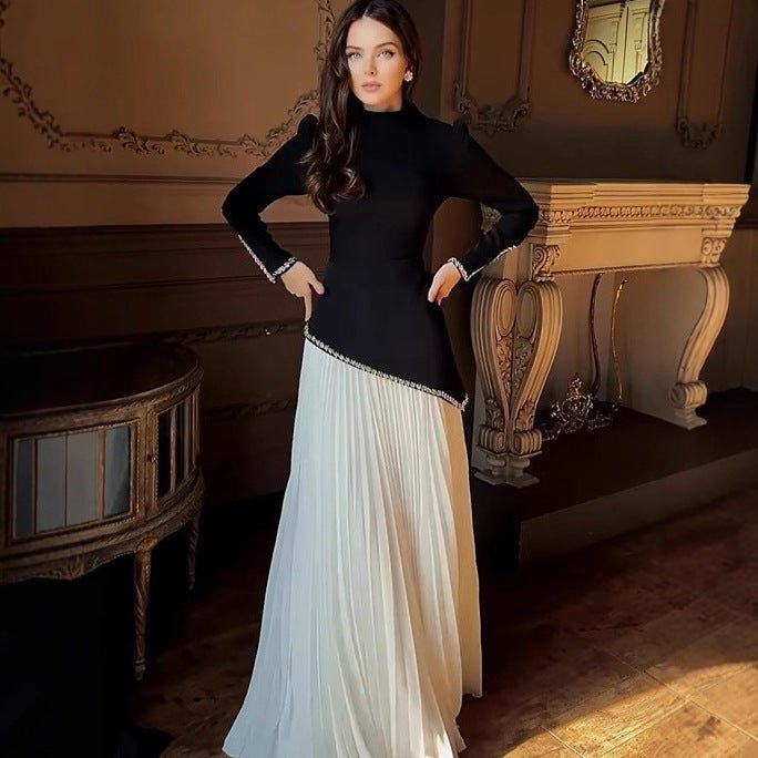 Rhinestone-Trimmed Top & Pleated Skirt Set(MS317)