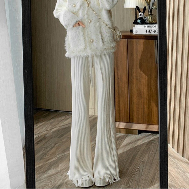 Ribbed Knit Frayed Wide Leg Pants | High Waist Drawstring Flare Pants(MS164)
