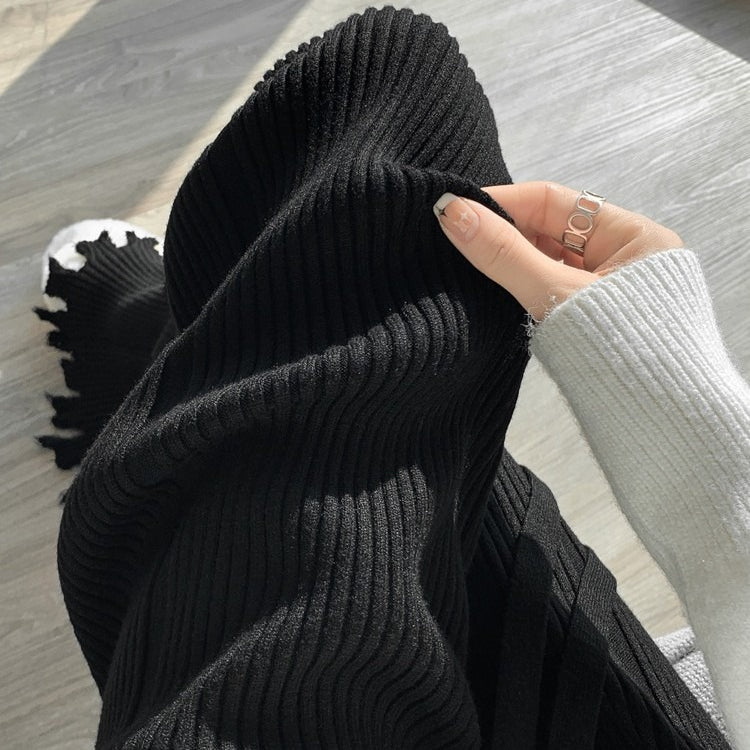 Ribbed Knit Frayed Wide Leg Pants | High Waist Drawstring Flare Pants(MS164)