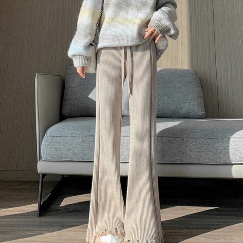 Ribbed Knit Frayed Wide Leg Pants | High Waist Drawstring Flare Pants(MS164)