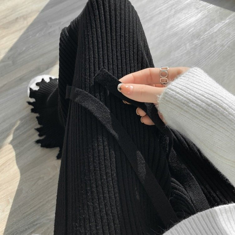 Ribbed Knit Frayed Wide Leg Pants | High Waist Drawstring Flare Pants(MS164)
