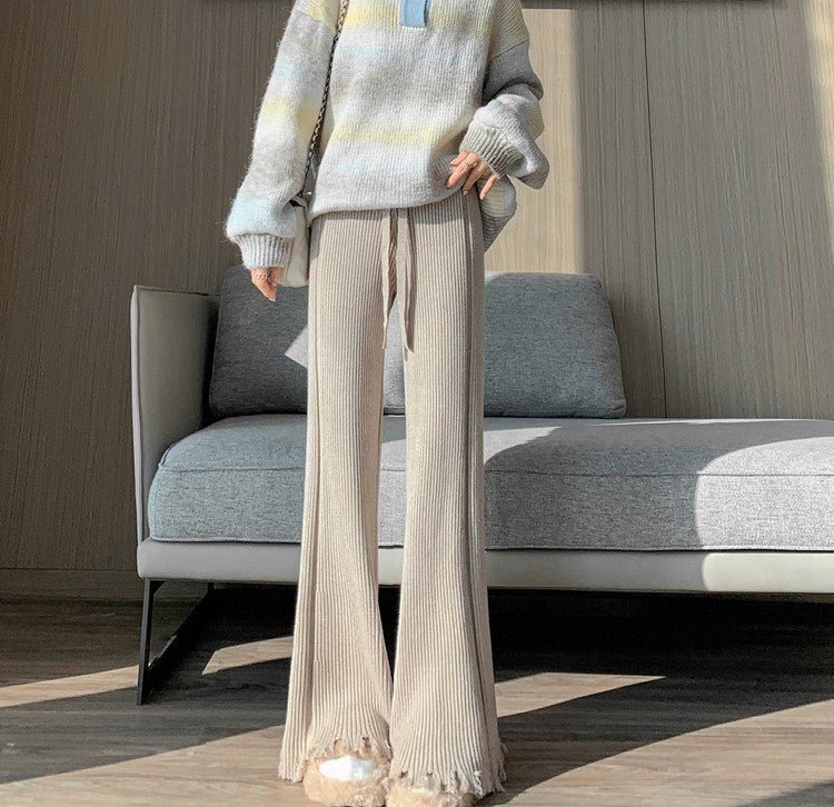 Ribbed Knit Frayed Wide Leg Pants | High Waist Drawstring Flare Pants(MS164)