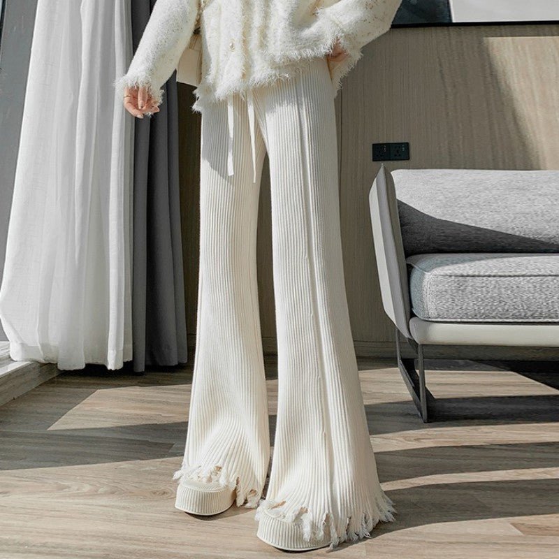 Ribbed Knit Frayed Wide Leg Pants | High Waist Drawstring Flare Pants(MS164)