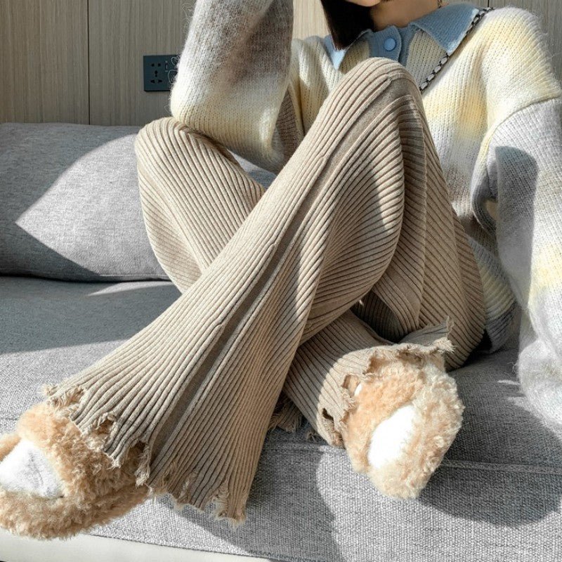 Ribbed Knit Frayed Wide Leg Pants | High Waist Drawstring Flare Pants(MS164)