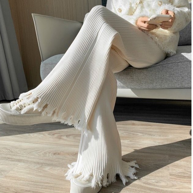 Ribbed Knit Frayed Wide Leg Pants | High Waist Drawstring Flare Pants(MS164)