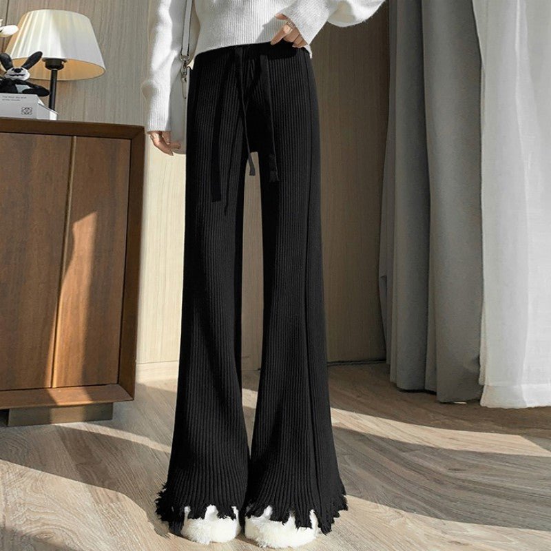 Ribbed Knit Frayed Wide Leg Pants | High Waist Drawstring Flare Pants(MS164)