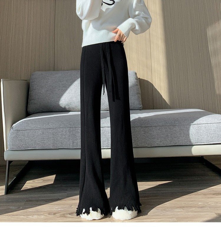 Ribbed Knit Frayed Wide Leg Pants | High Waist Drawstring Flare Pants(MS164)