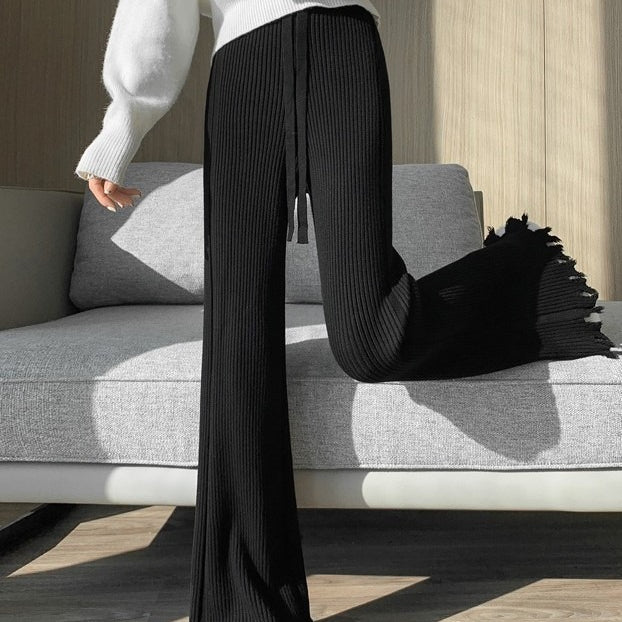 Ribbed Knit Frayed Wide Leg Pants | High Waist Drawstring Flare Pants(MS164)