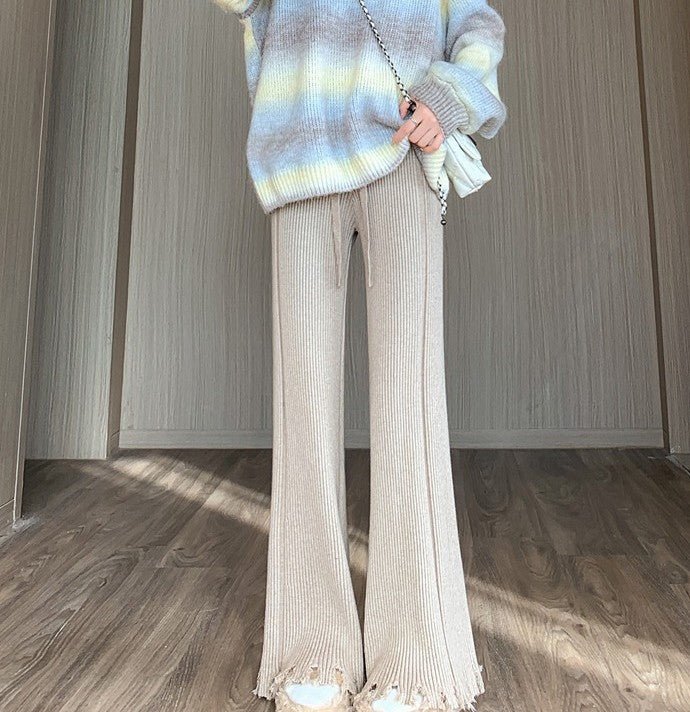 Ribbed Knit Frayed Wide Leg Pants | High Waist Drawstring Flare Pants(MS164)