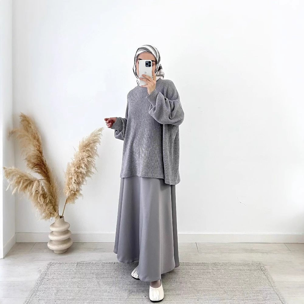 Ribbed Knit Sweater & Maxi Skirt Set | Oversized Pullover Two-Piece(MS224)