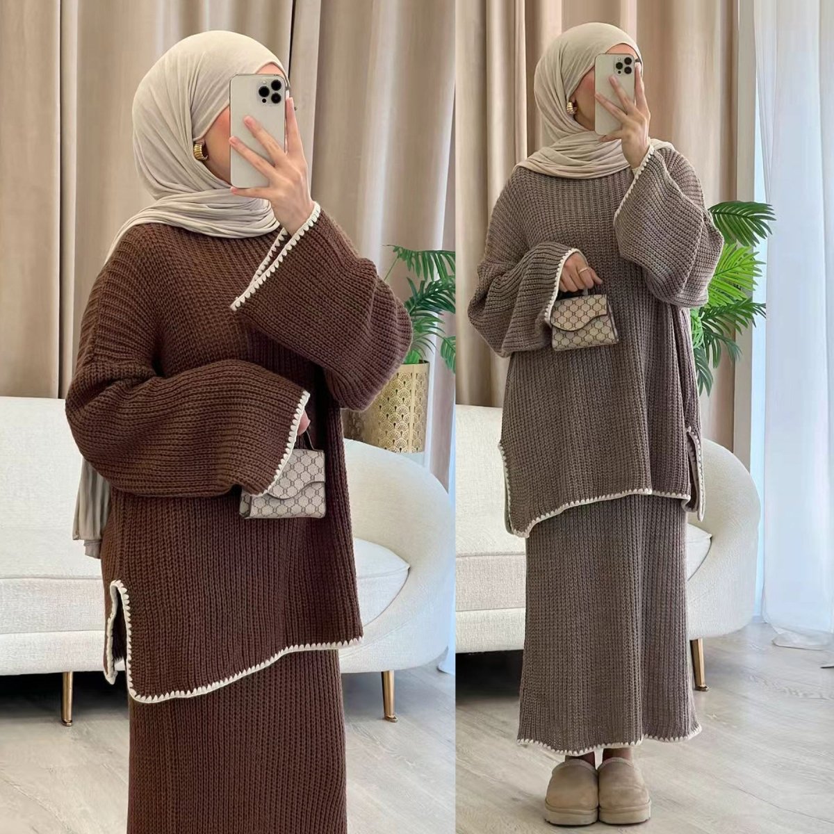 Ribbed Knit Sweater & Skirt Set with Contrast Trim (MS301)