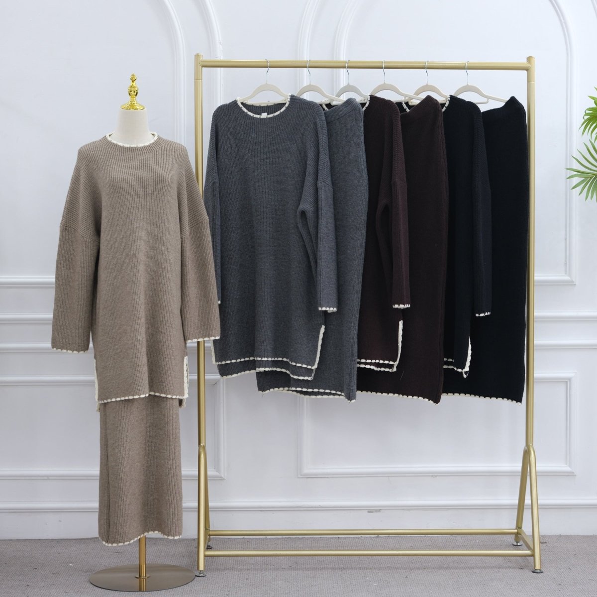 Ribbed Knit Sweater & Skirt Set with Contrast Trim (MS301)