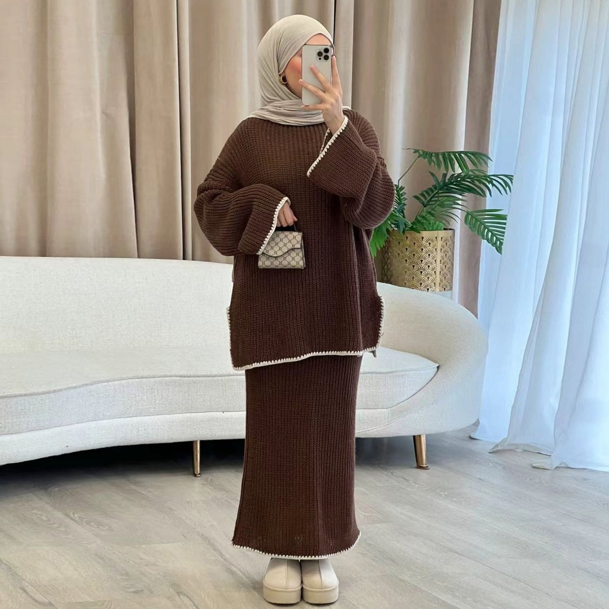 Ribbed Knit Sweater & Skirt Set with Contrast Trim (MS301)
