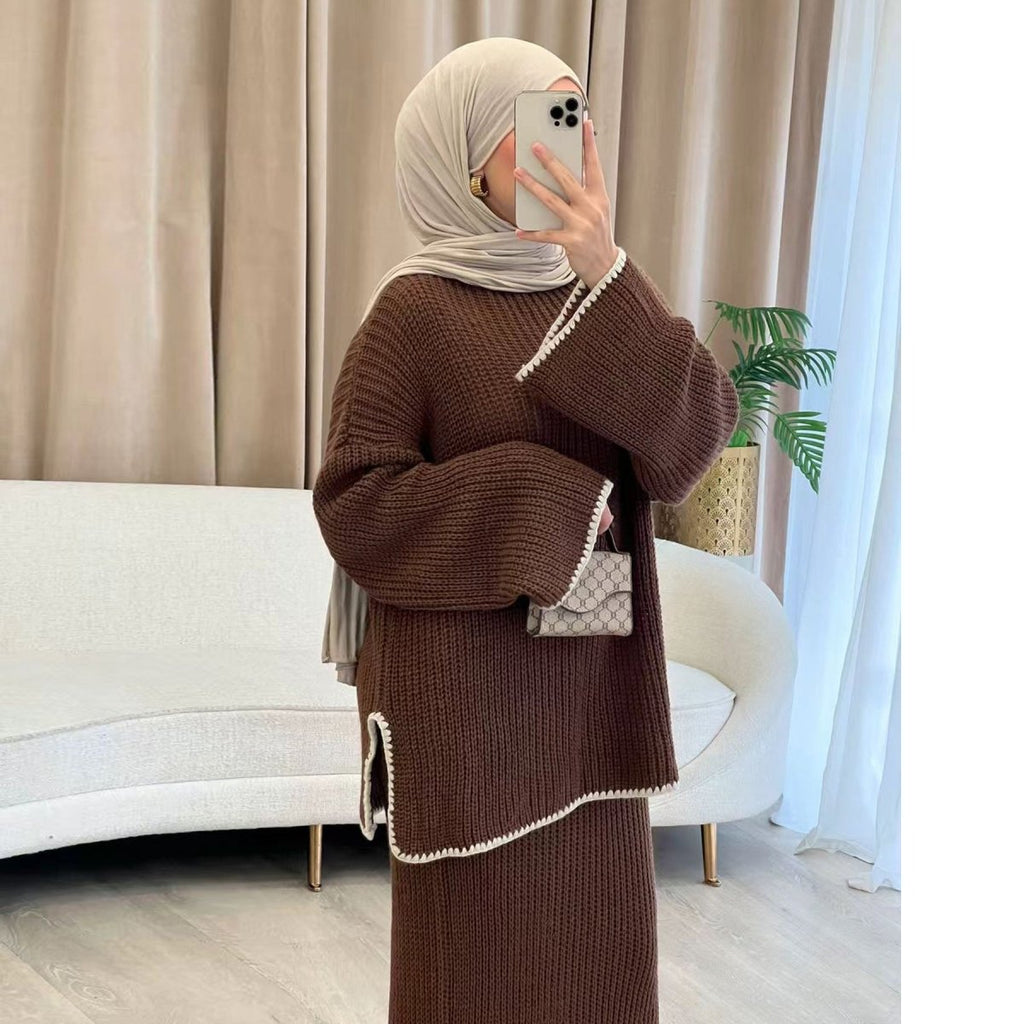 Ribbed Knit Sweater & Skirt Set with Contrast Trim (MS301)