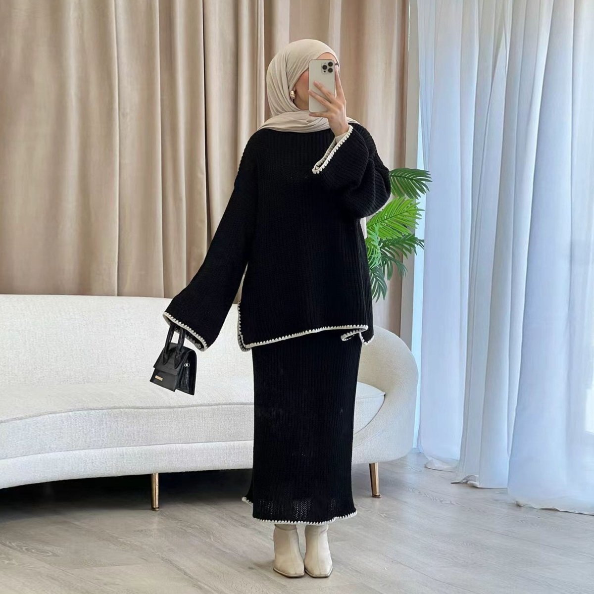 Ribbed Knit Sweater & Skirt Set with Contrast Trim (MS301)