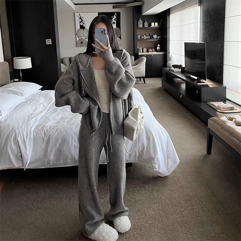 Ribbed Knit Zip-Up Hoodie Autumn Two-Piece Loungewear(MS162)