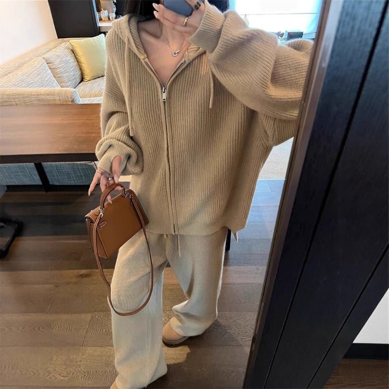 Ribbed Knit Zip-Up Hoodie Autumn Two-Piece Loungewear(MS162)