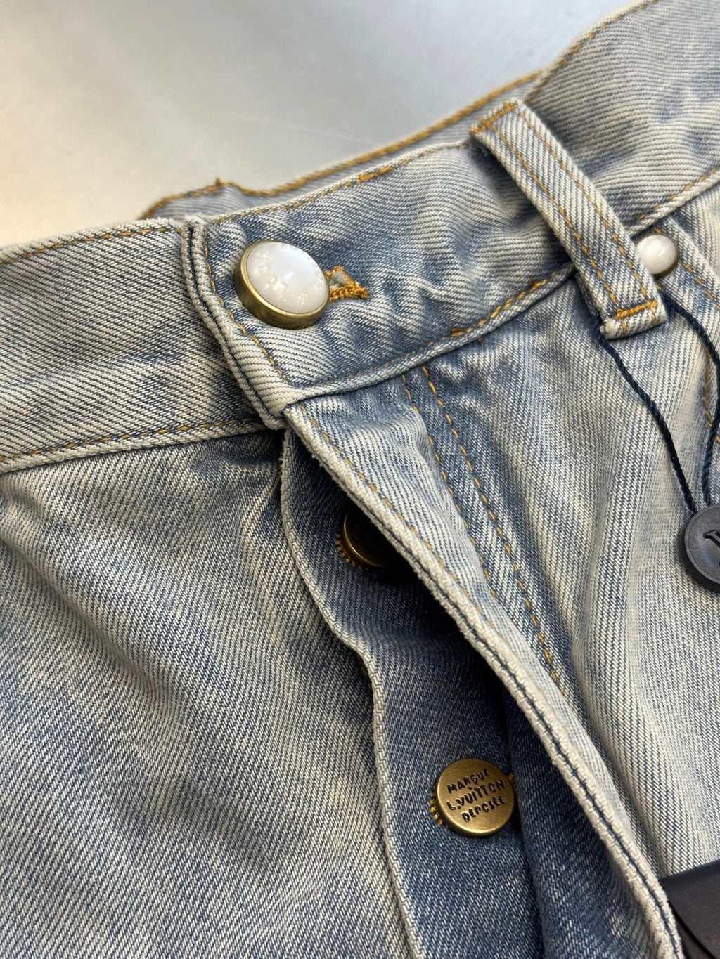 LV Embroidered Leather Label Denim Shorts