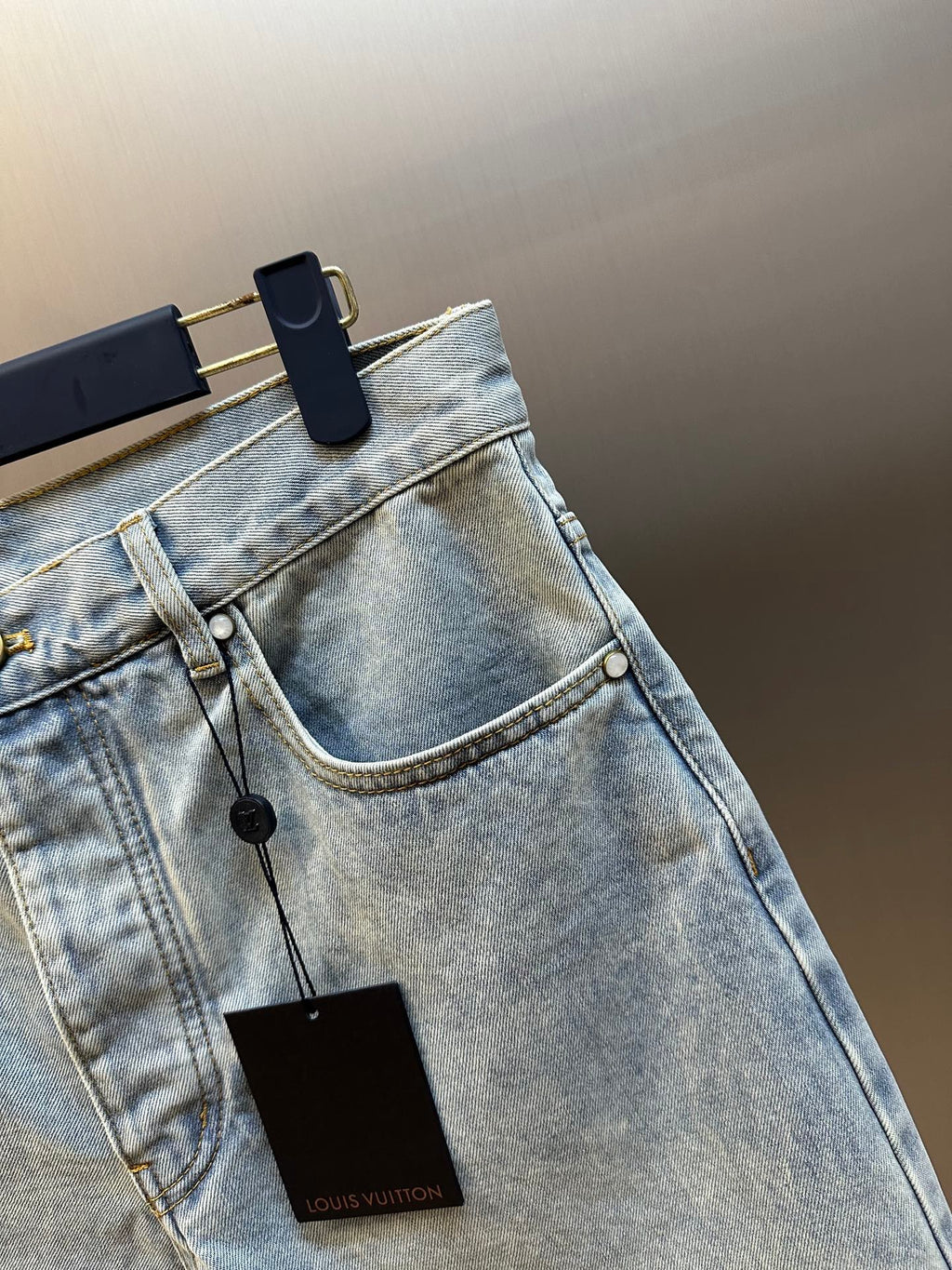 LV Embroidered Leather Label Denim Shorts