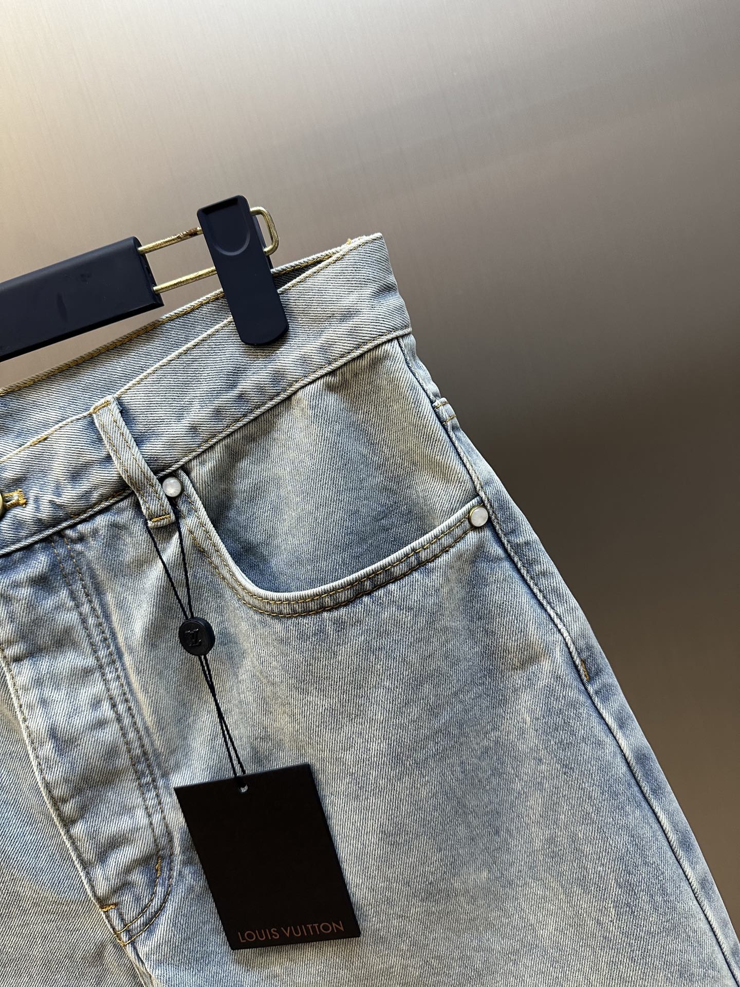 LV Embroidered Leather Label Denim Shorts