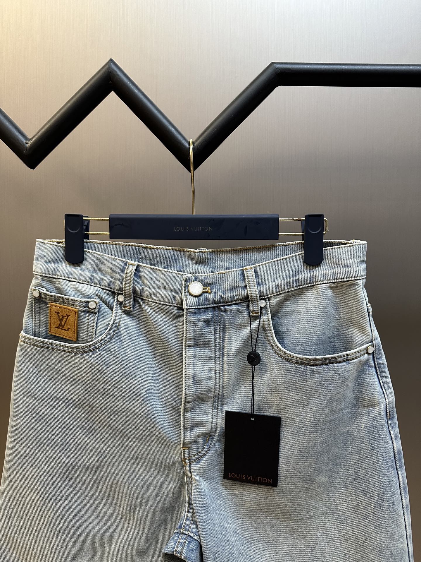 LV Embroidered Leather Label Denim Shorts