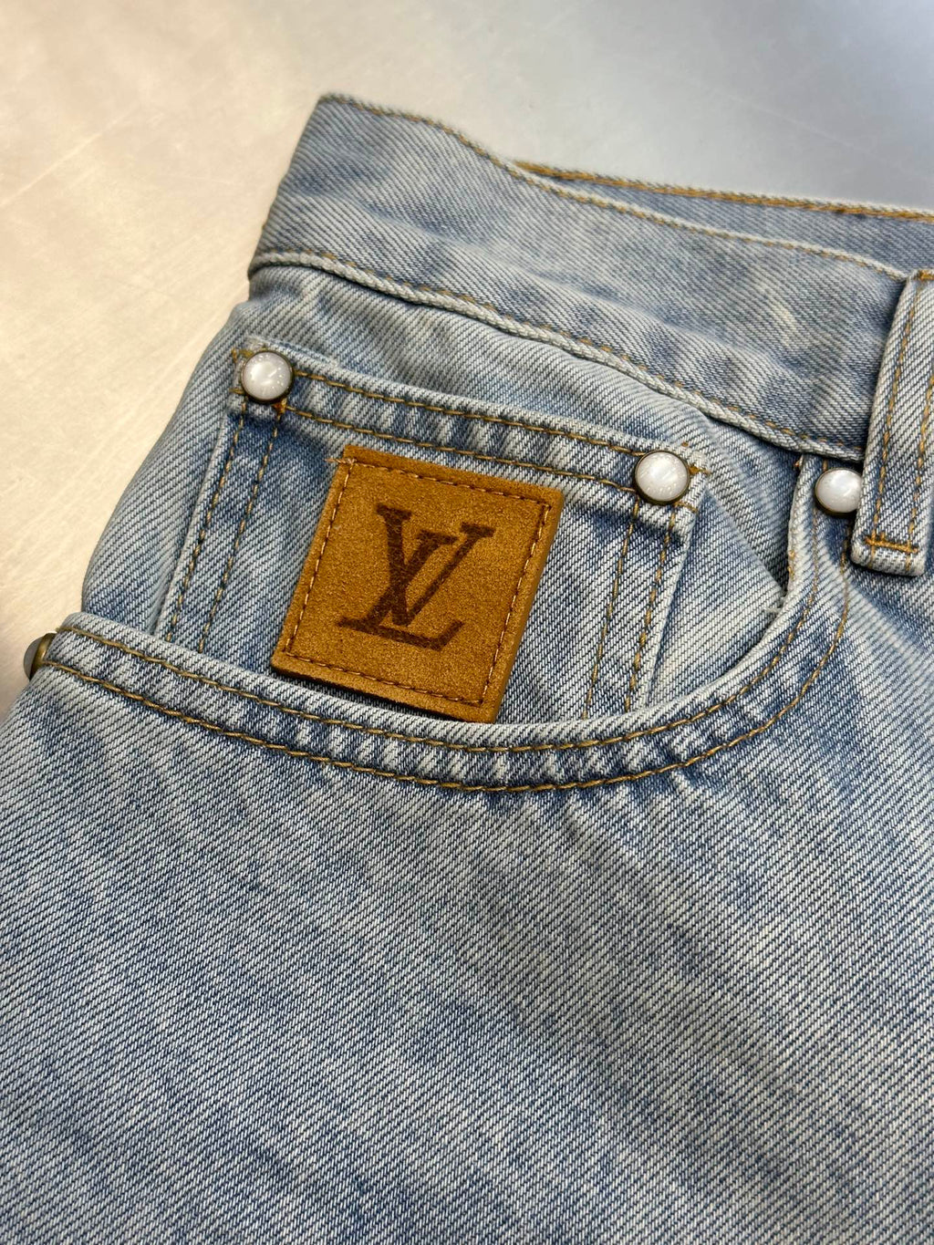 LV Embroidered Leather Label Denim Shorts