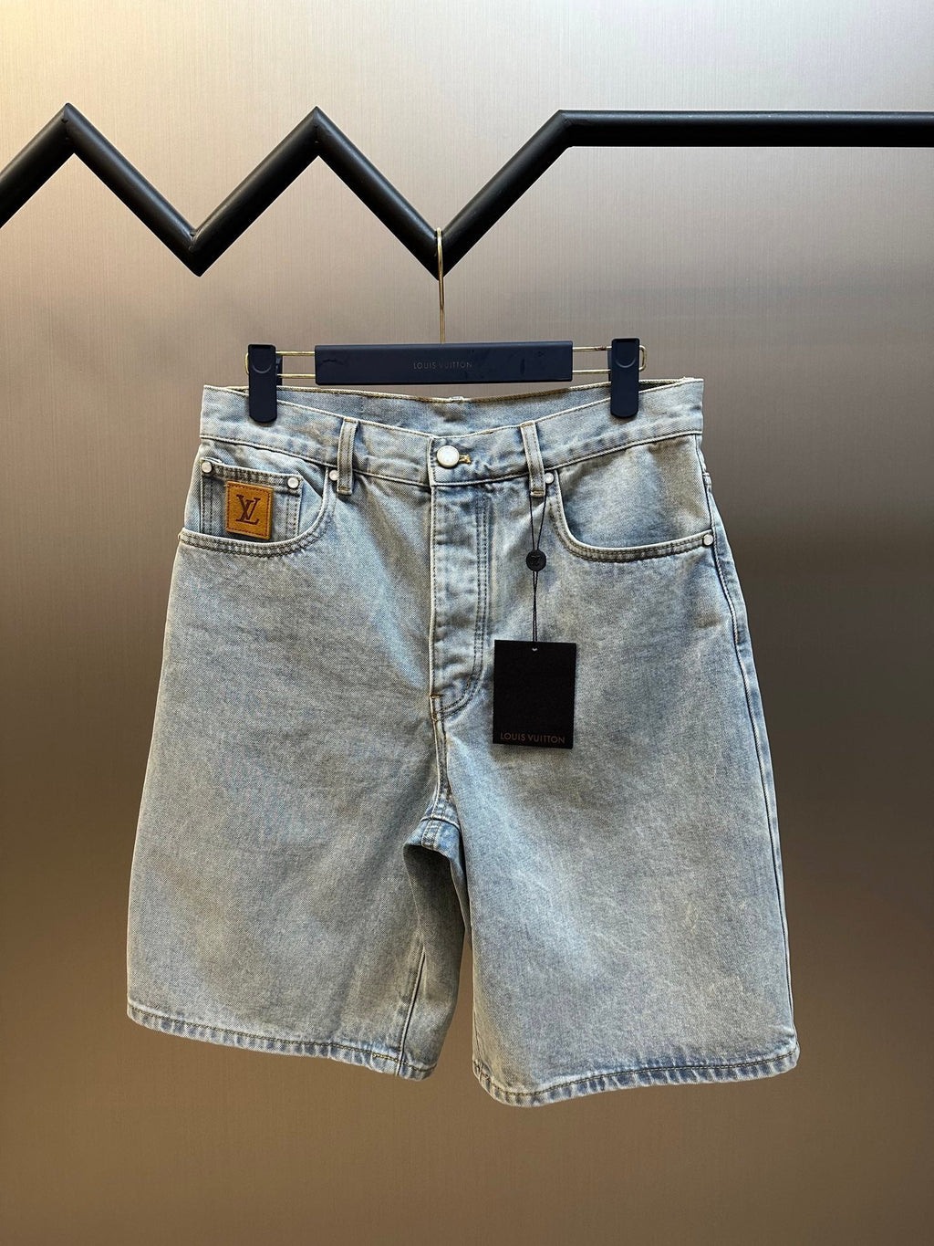 LV Embroidered Leather Label Denim Shorts