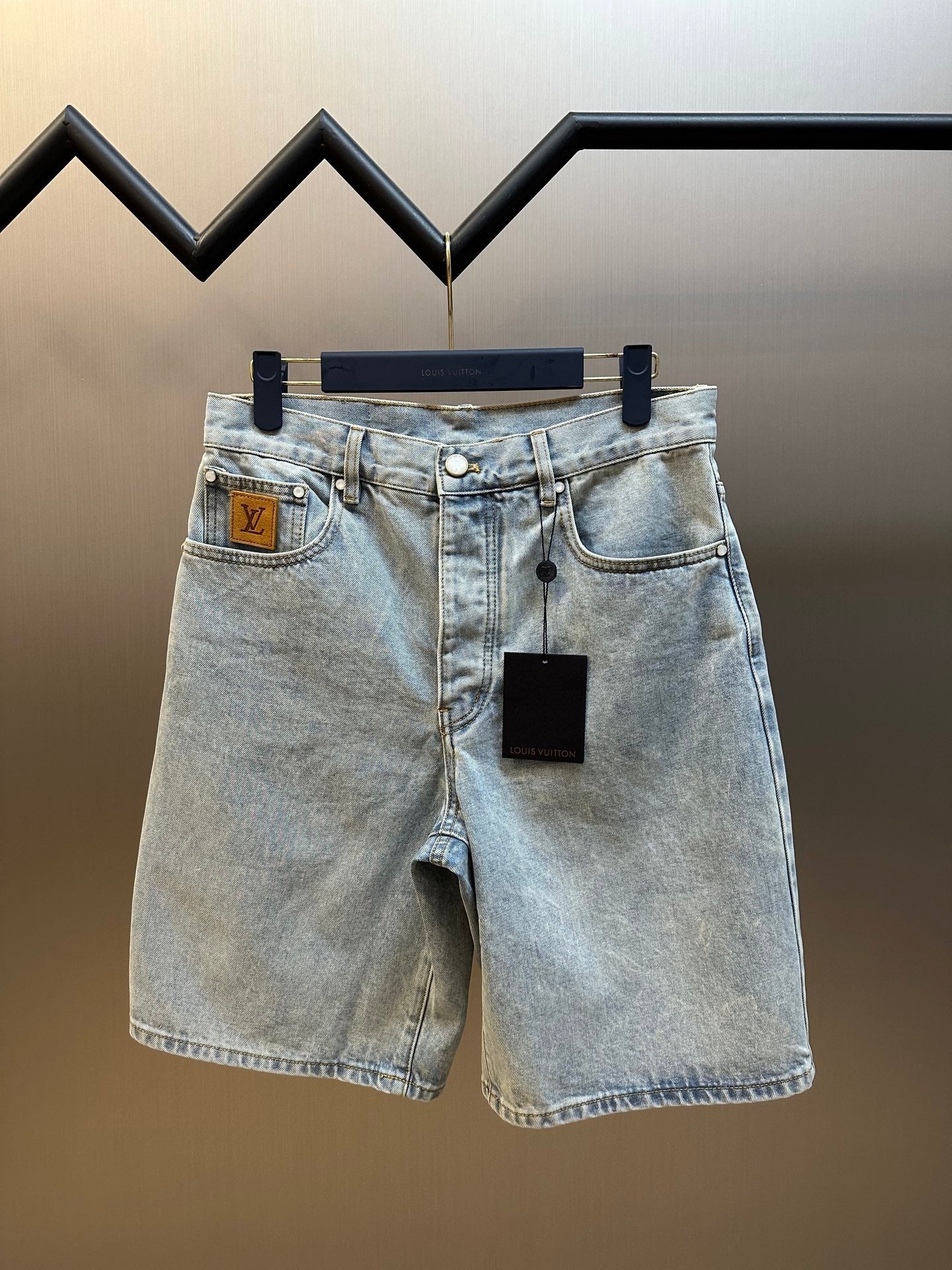 LV Embroidered Leather Label Denim Shorts