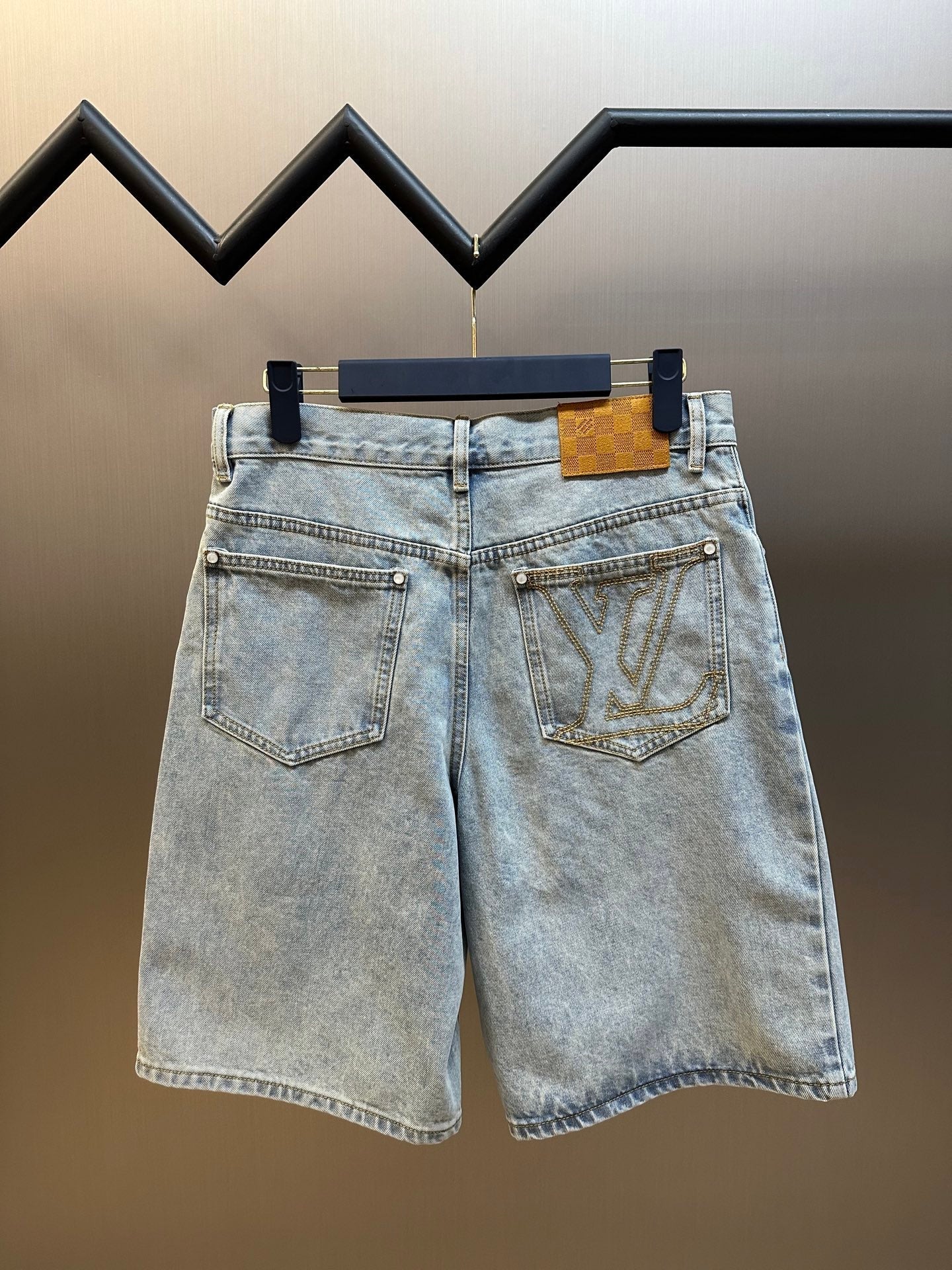 LV Embroidered Leather Label Denim Shorts