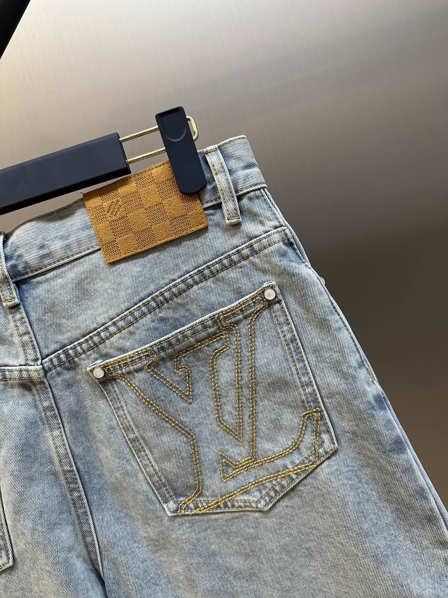 LV Embroidered Leather Label Denim Shorts