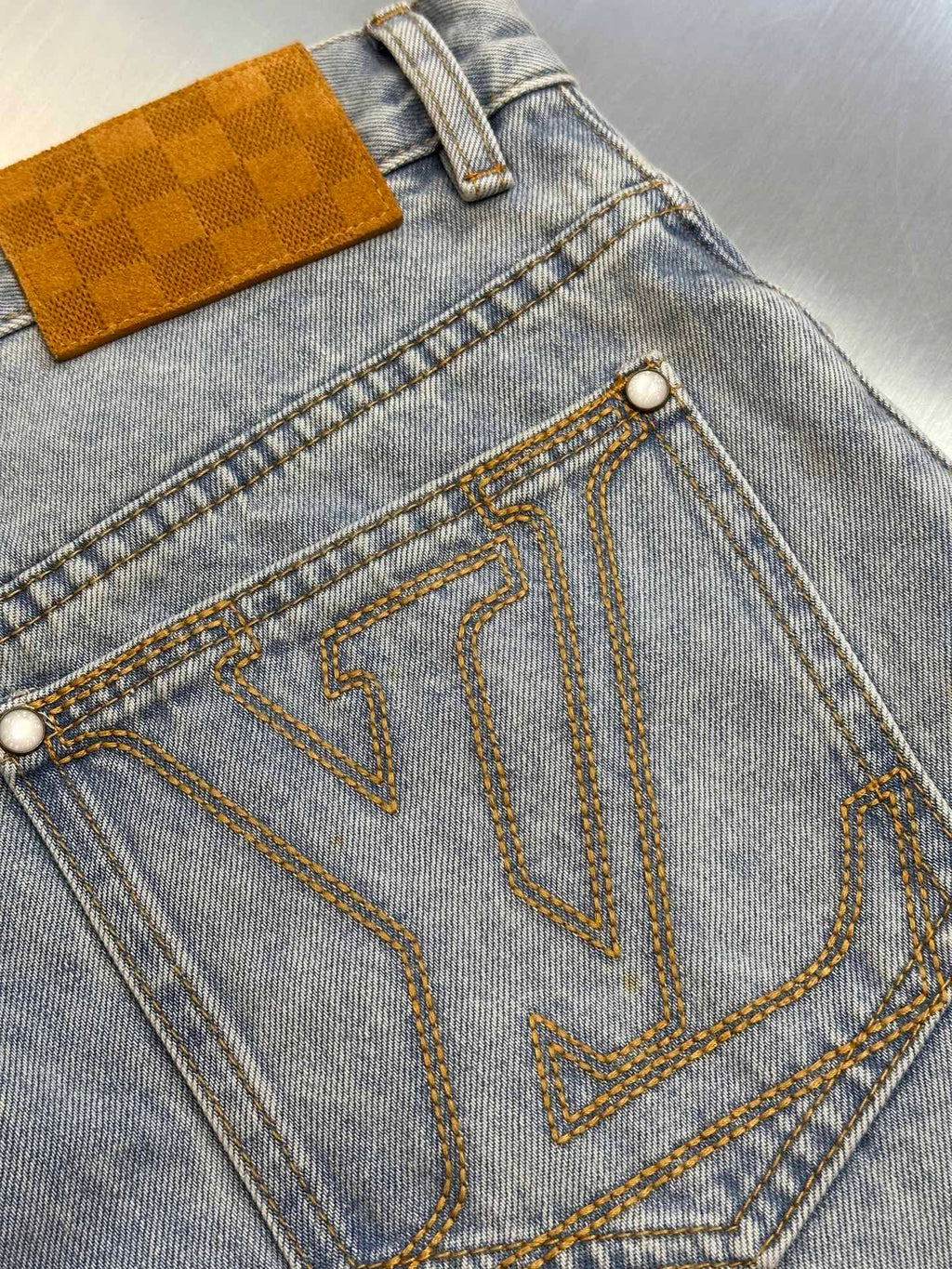 LV Embroidered Leather Label Denim Shorts