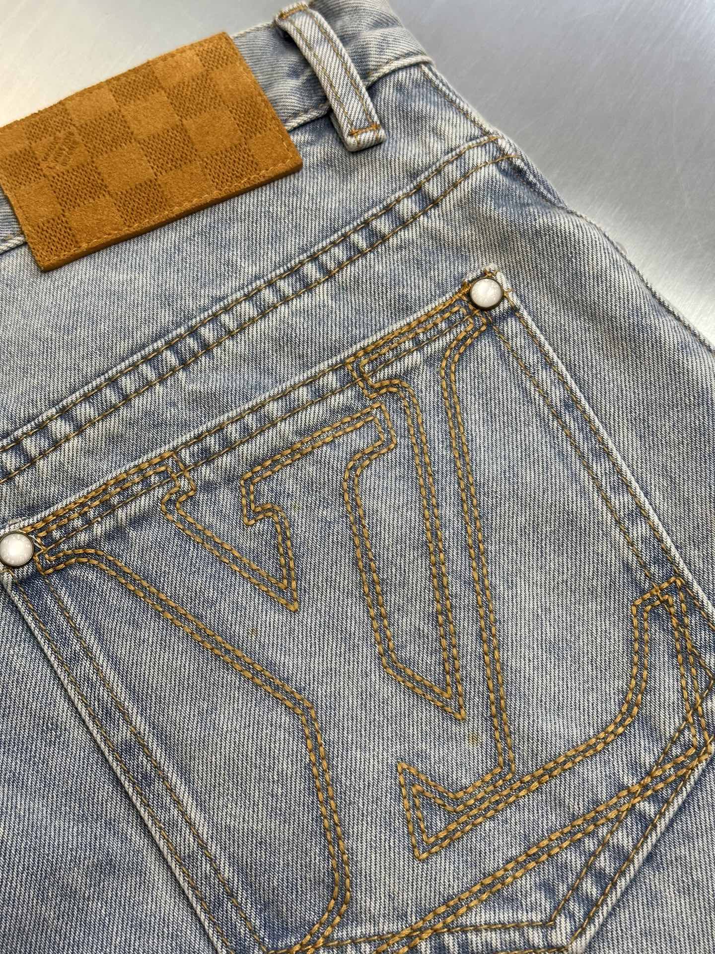 LV Embroidered Leather Label Denim Shorts