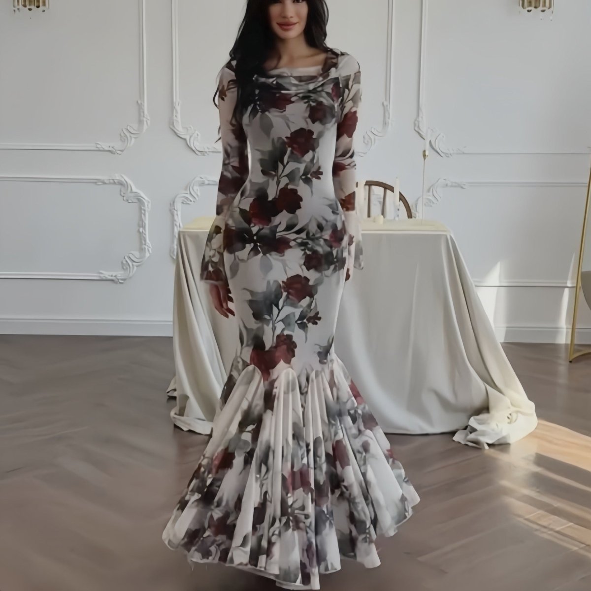 Romantic Floral Mermaid Dress | Elegant Ruffle Hem Long Sleeve French Style Maxi Dress(MS268)
