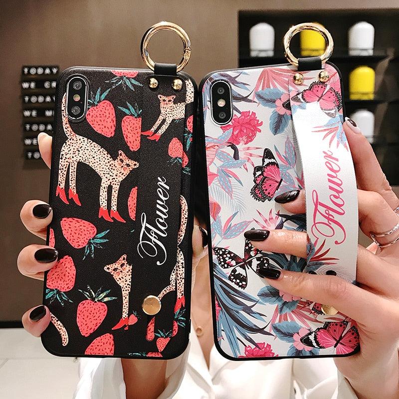 Rose Flowers Wrist Strap Phone Cases For iPhone 13 12 11 14 pro MAX X XR XS MAX 7 8 Plus Cover  Hand Band Cases Soft Full Protection Slim Colorful Protective Phone Case For iPhone