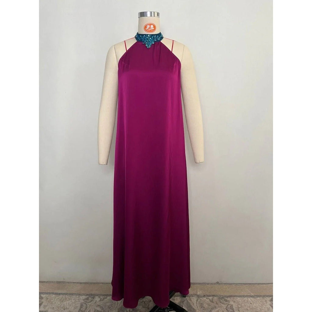 Rose Purple Luxury Feather-Embellished Abaya Dress Two-Piece Set with Crystal & Bead Details (MOA159)