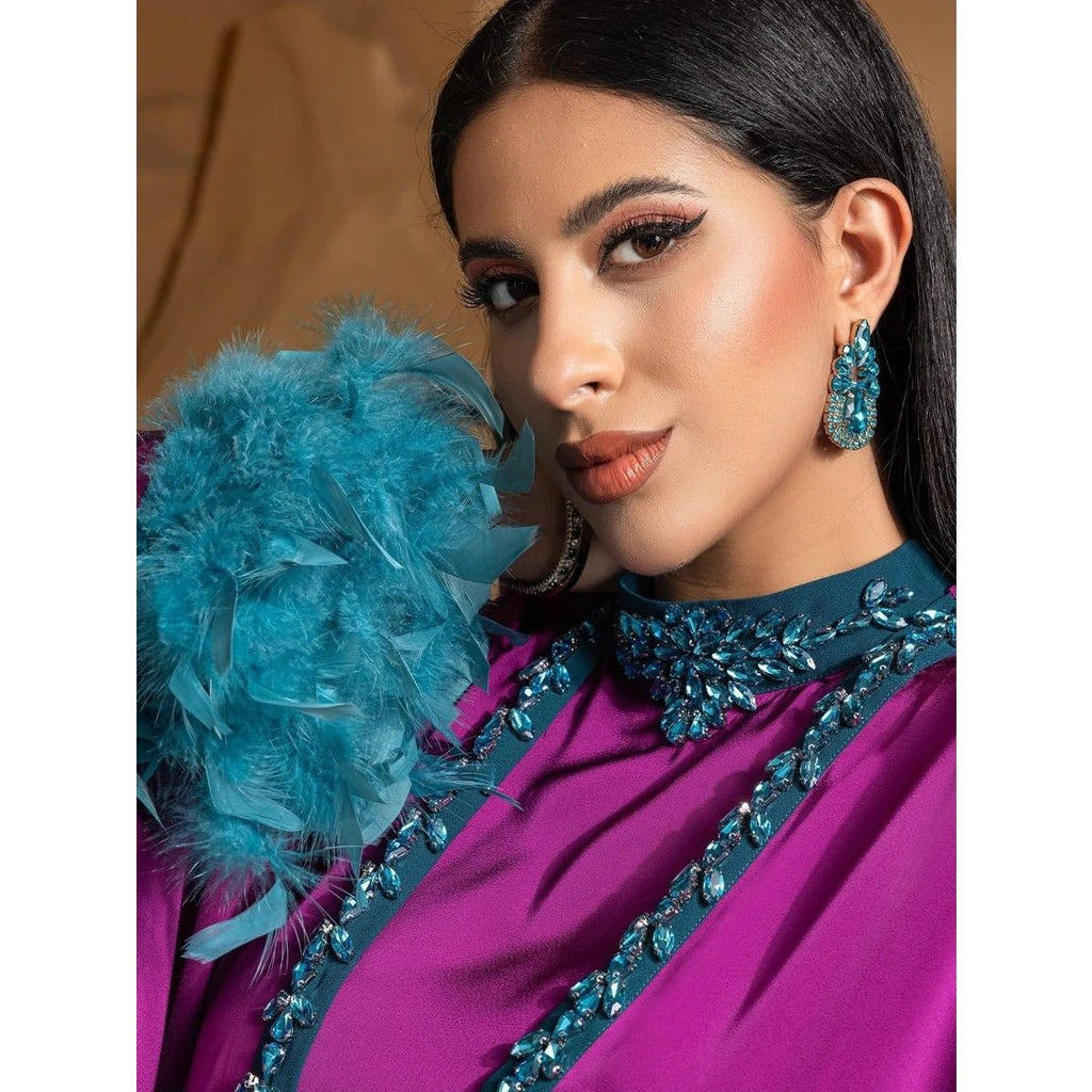 Rose Purple Luxury Feather-Embellished Abaya Dress Two-Piece Set with Crystal & Bead Details (MOA159)