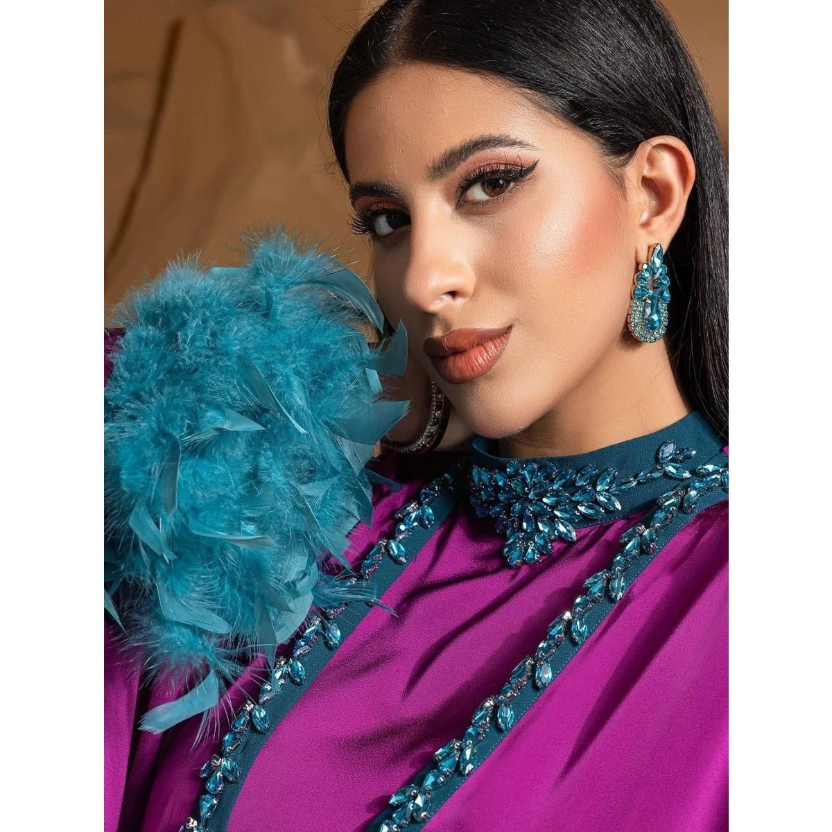 Rose Purple Luxury Feather-Embellished Abaya Dress Two-Piece Set with Crystal & Bead Details (MOA159)