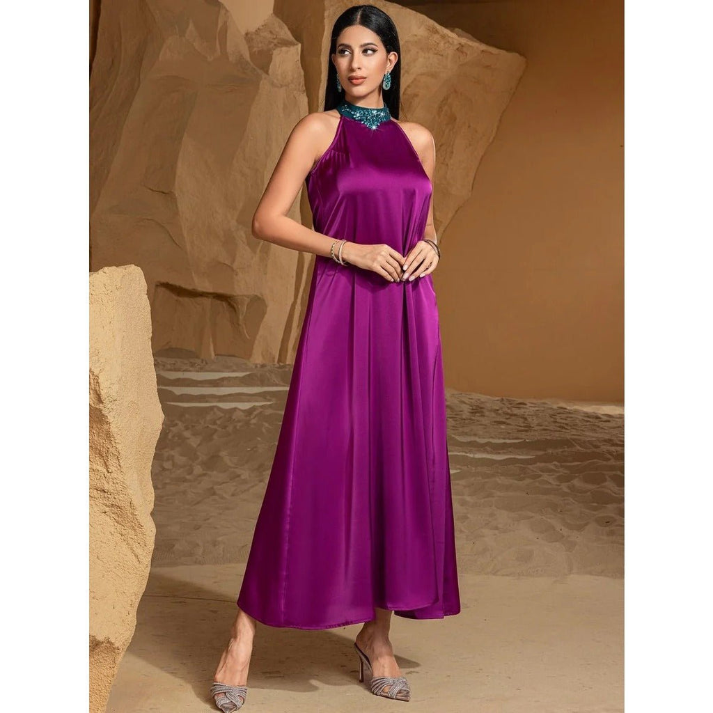 Rose Purple Luxury Feather-Embellished Abaya Dress Two-Piece Set with Crystal & Bead Details (MOA159)