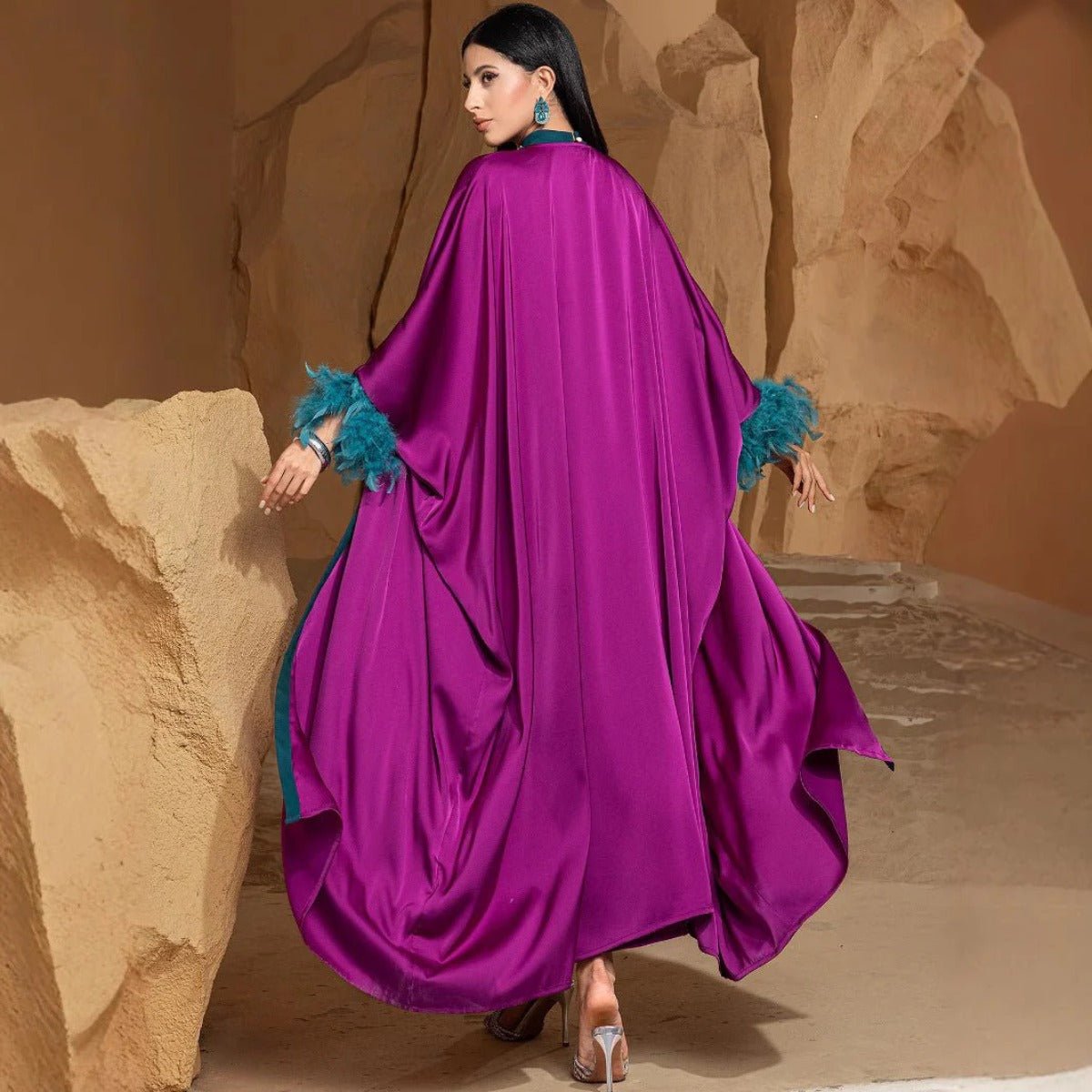 Rose Purple Luxury Feather-Embellished Abaya Dress Two-Piece Set with Crystal & Bead Details (MOA159)