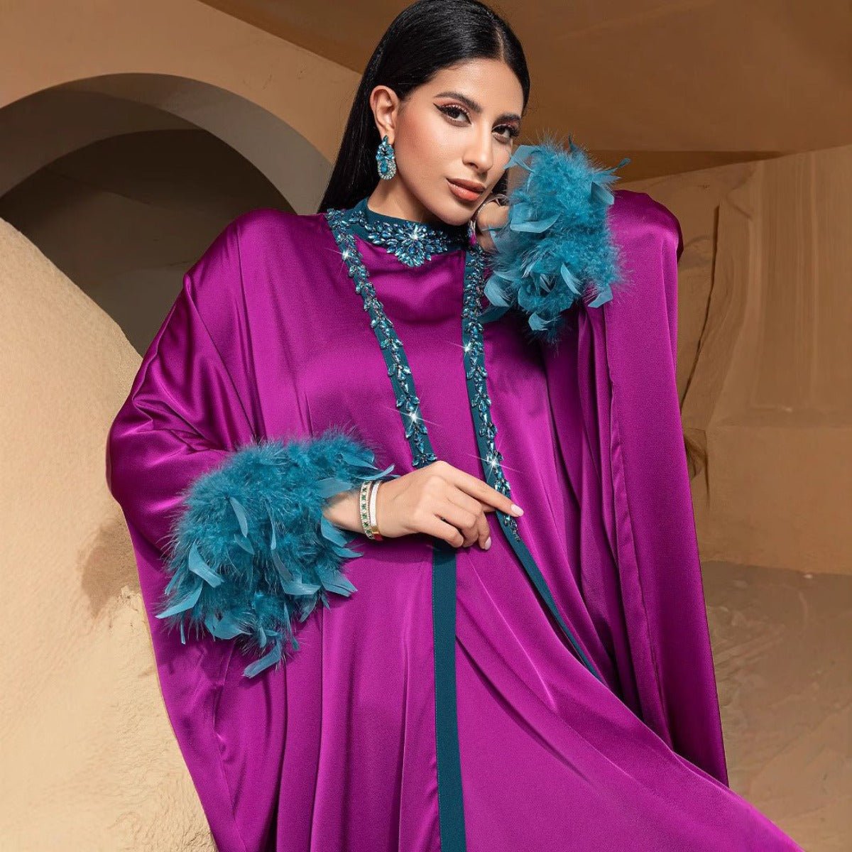 Rose Purple Luxury Feather-Embellished Abaya Dress Two-Piece Set with Crystal & Bead Details (MOA159)